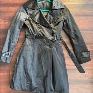 Bebe Black Trench Coat XS Fit & Flare Belted Double Breasted Womens Cotton Blend